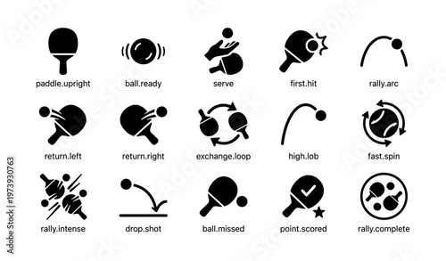 Table tennis icons: paddle, rally, serve, spin, loop techniques