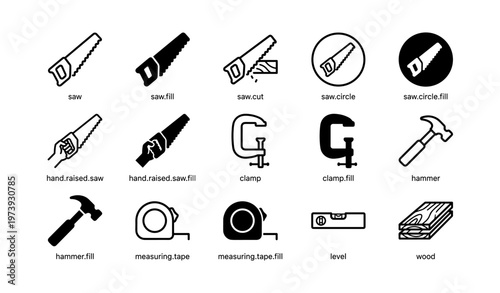 Construction tools icons set: saw, clamp, hammer, measuring tape, level, wood
