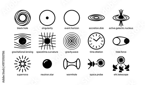 Black holes and space phenomena icons: singularity, neutron stars, wormholes, gravitational waves