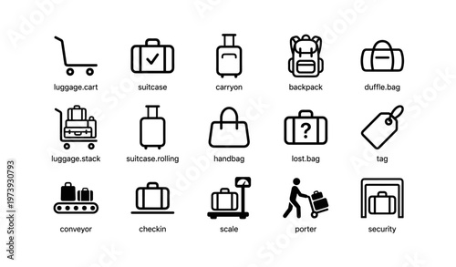 Travel icons: luggage, suitcases, backpacks, and airport symbols