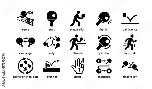 Table tennis icons: serve, rally, spin, sequence, point