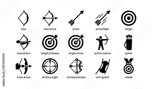 Set of archery icons featuring bows, targets, arrows, and accessories