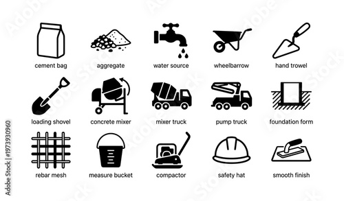 Construction tools and equipment icons with cement, mixer, and safety hat