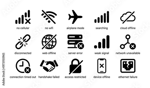 Mobile network and internet connection status icons with symbols and signals