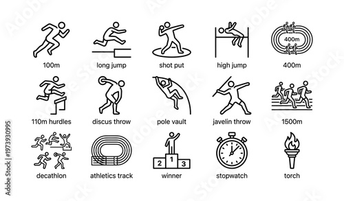 Black and white icon set of track and field events with symbols and equipment