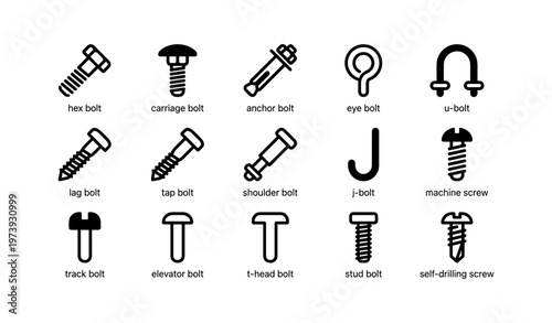Variety of bolt and screw types illustrated in icons