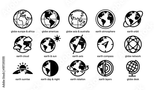Global icons set: continents, earth, orbits, atmosphere, networks