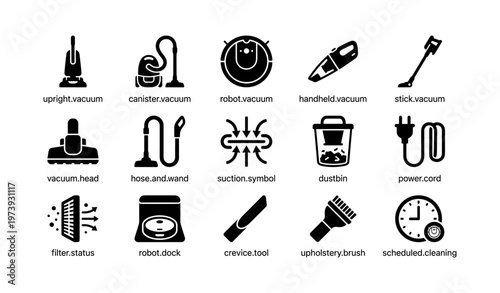 Vacuum cleaner icons set: upright, robot, handheld, stick, accessories