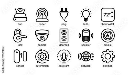 Smart home technology icons: hub, router, plug, bulb, thermostat, lock, camera, doorbell, speaker, smoke, sensor, automation, assistant, network, settings