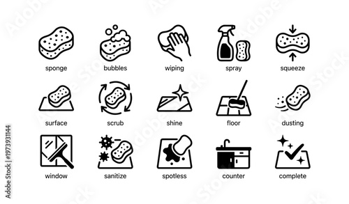 Cleaning icons collection: sponge, spray, sanitize, shine, floor