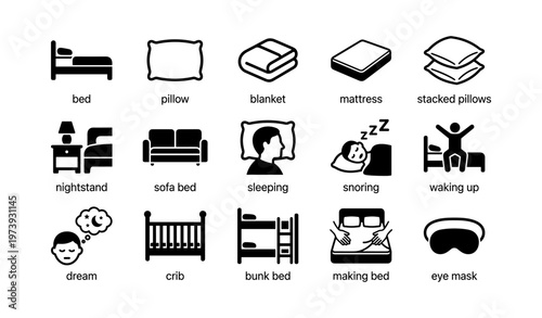 Sleep-related icons depicting bed, pillow, blanket, mattress, crib, and more