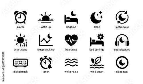 Sleep icons: alarm, bedtime, heart rate, sleep cycle, soundscapes