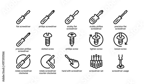 Screwdriver and screw icons set for diy and tools enthusiasts