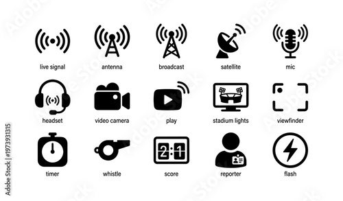 Broadcasting icons: signal, antenna, satellite, microphone, camera, scoreboard symbols