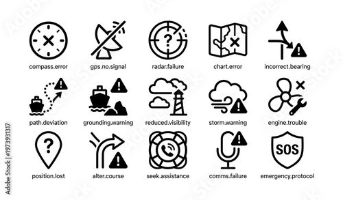 Navigation symbols illustrating errors warnings and failures in maritime context