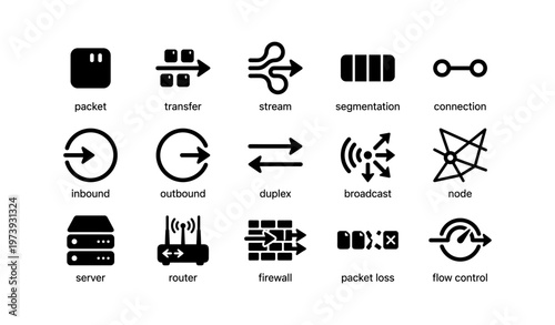 Network icons: packet, transfer, stream, segmentation, and connection symbols