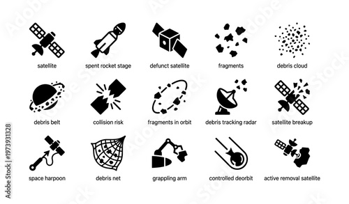 Space debris icons: satellite, orbit fragments, debris tracking, and recovery tools