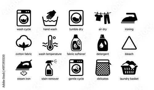 Laundry care icon set featuring washing instructions and fabric symbols