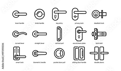 Various door handles and locks: lever, knob, privacy, biometric, sliding, latch