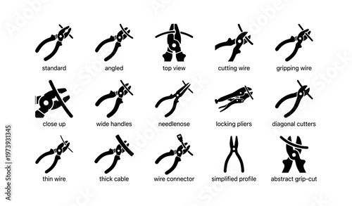 Set of tool icons: pliers and wire cutters in various positions and functions