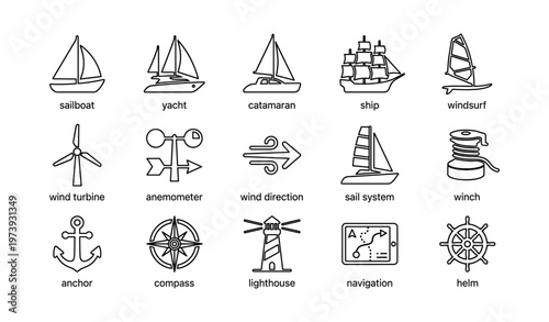 Nautical and marine line icons featuring boats, wind, and navigation elements
