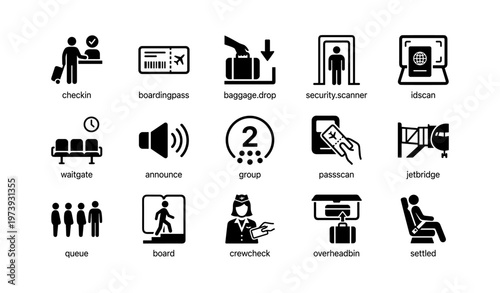 Airport icons set: check-in, boarding pass, security, baggage, boarding