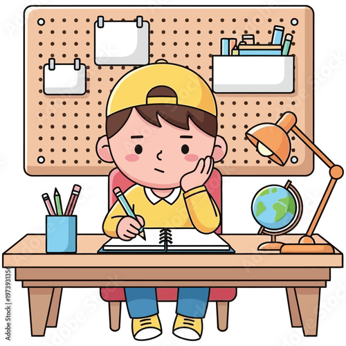 Little boy sitting at desk studying with world globe and lamp in creative workspace.