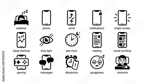 Icons depicting bedtime routine and digital distractions affecting sleep