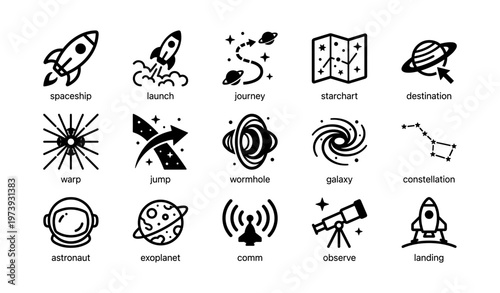 Space exploration icons: spaceship, galaxy, astronaut, telescope, exoplanet