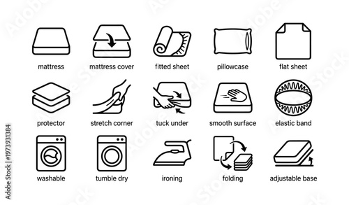 Icons for bedding care: mattress, pillowcases, laundry, folding, ironing, adjustable base