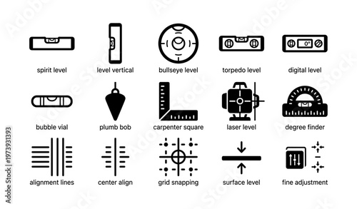 Assorted level and measurement tools icons for construction and carpentry