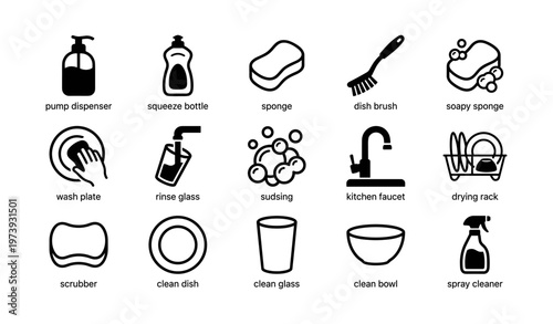 Kitchen cleaning icons: dispenser, sponge, brush, scrubber, faucet, dishes
