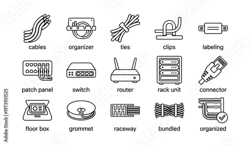 Icons of networking equipment: cables, router, switch, connector, clips