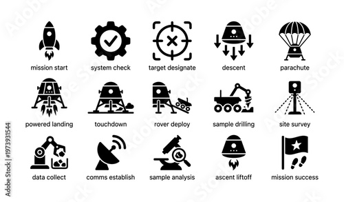 Space mission stages icons: launch, landing, analysis, success