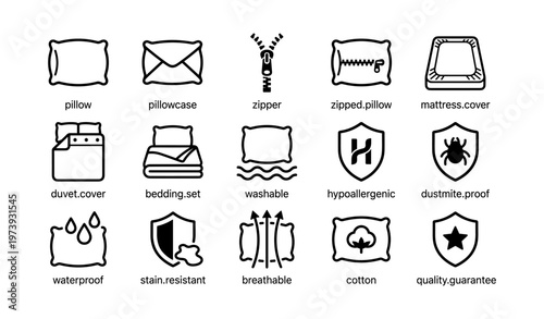 Icon set of bedding accessories for comfort and protection