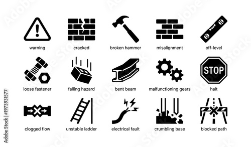 Construction hazard icons: warning, alignment, tools, structural issues, safety signs