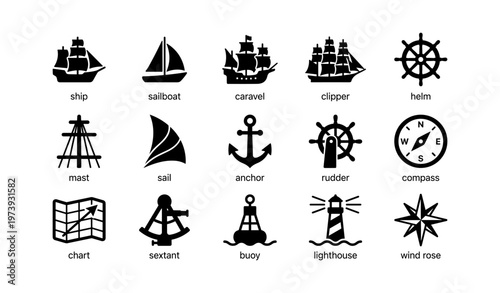 Nautical icons collection: ships, helm, anchors, and more