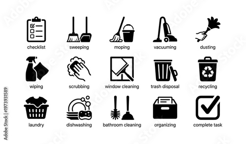 Icons set of household chores: cleaning, organizing, and maintenance tasks
