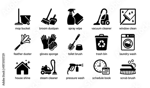Cleaning icons set: tools for home and office maintenance