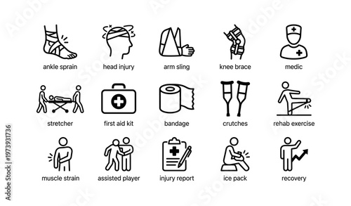 Injury and recovery icons: ankle, head, arm, knee, medical support, rehab