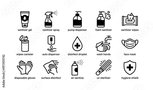 Hygiene and sanitation icons: disinfectants, masks, gloves, and sanitizers