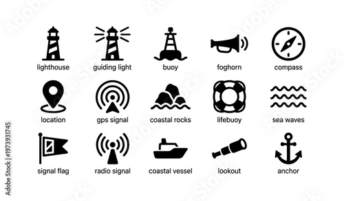 Nautical icons: lighthouse, buoy, foghorn, compass, anchor, lifebuoy, sea waves, coastal vessel