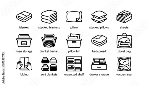 Laundry organization icons: storage, folding, sorting tips