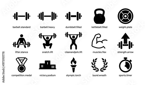 Gym equipment icons collection: barbell, dumbbell, kettlebell, and more