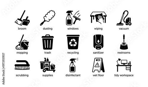 Cleaning and sanitation icons: tools and supplies visual guide