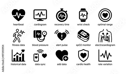 Cardiovascular health monitoring icons: heartbeat, cardiogram, blood pressure, and more