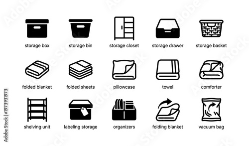 Home storage solutions icons: bin, closet, drawer, basket, shelving
