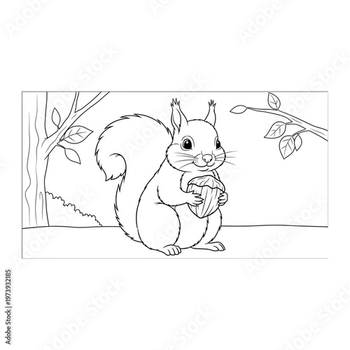 Outline illustration of a squirrel with a nut in a natural setting with pet like