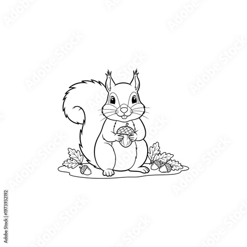 Cute outline squirrel holding an acorn surrounded by leaves with the squirrel