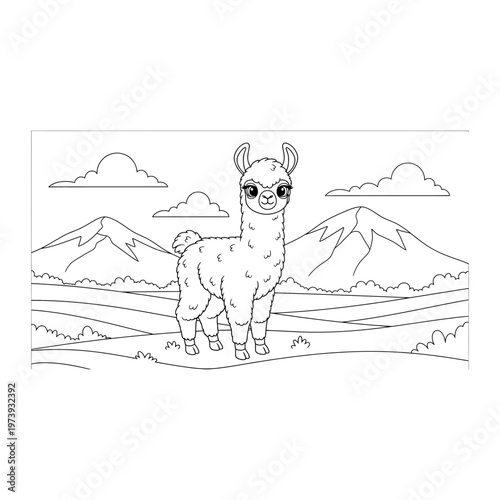 Outline drawing of llama in landscape with suitable for coloring